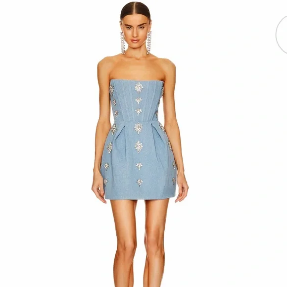 Bronx and Banco - Maraya Denim jean Blue Diamond Embellished Mini Dress- Revolve - Picture 5 of 7